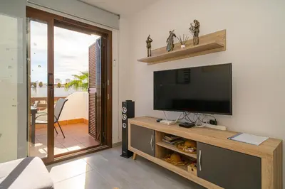 Una televisión o centro de entretenimiento en Casa Musica