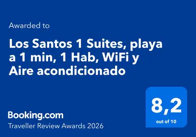 Certificado, premio, señal o documento que está expuesto en Los Santos 1 Suites, playa a 1 min, 1 Hab, WiFi y Aire acondicionado